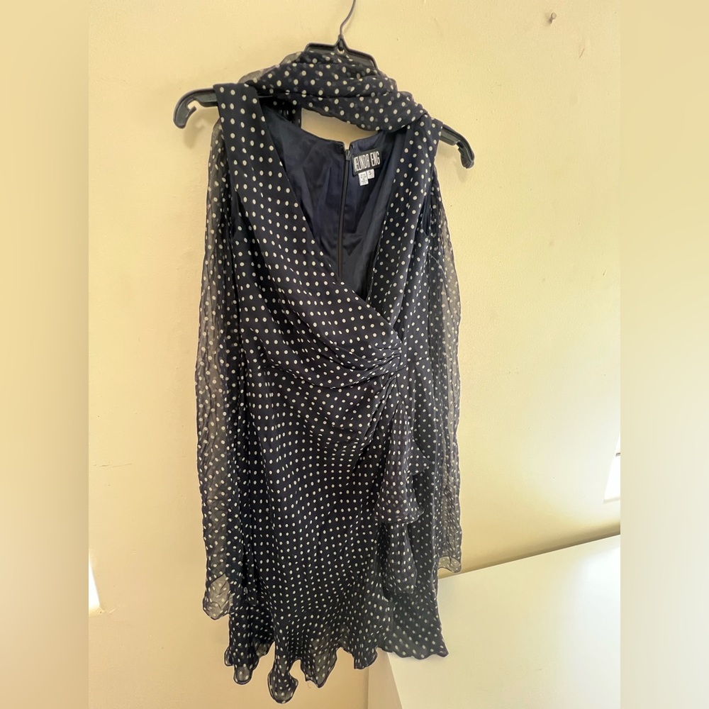 Melinda Eng Blue and white polka dotted Ruffled Tiered Midi Dress with scarf - Picture 10 of 11